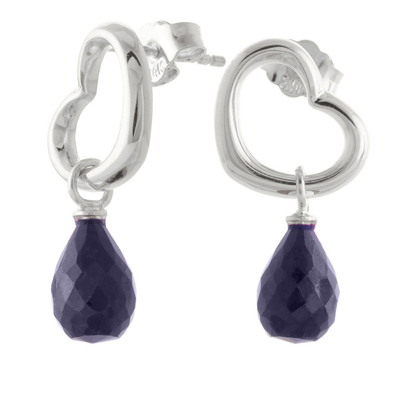 Galaxy Gold Products Jewelry - 14K. SOLID GOLD HEART EARRING WITH DANGLING NATURAL SAPPHIRES (White Gold)